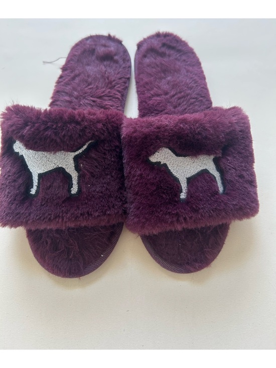 PINK Victoria's Secret Shoes - PINK Victoria's Secret Plush Slide Sandals in Deep Plum with Silver Dog Logo